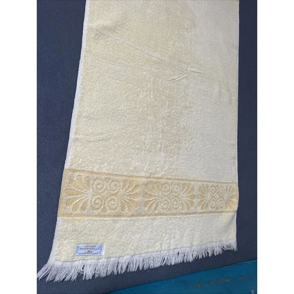 Vintage Cannon Monticello Yellow Fringed Bath Towel Floral Band MCM 41x21 USA